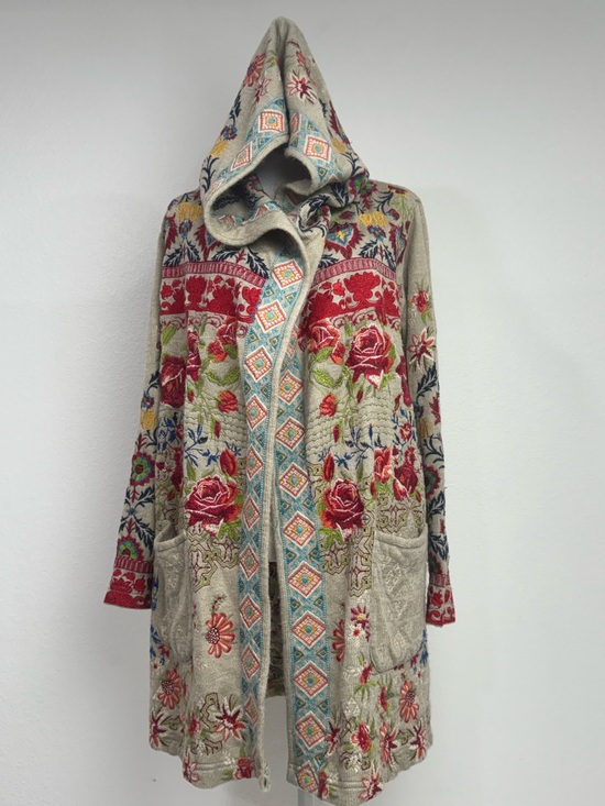 Johnny Was Sweaters - JOHNNY WAS BIYA HOODED OPEN CARDIGAN Sweater Sz S Tan Multicolor Embroidered